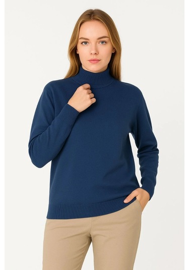 Kadın Yarım Boğaz Triko Kazak Yumuşak Dokulu Pamuklu İnce Dokuma, Uzun Kollu Rahat Regular Kalıp - İ Indigo