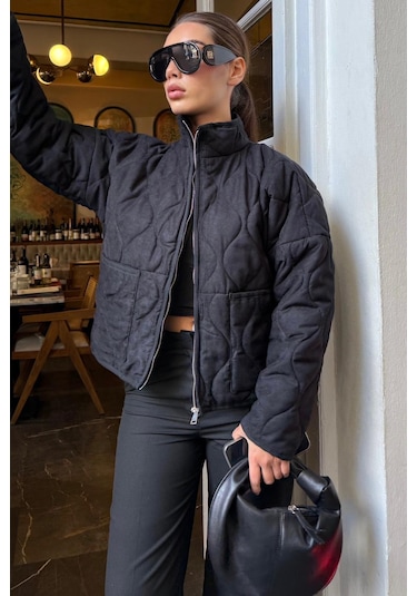 Siyah Dik Yaka Kapitone Kadın Mont Mg2568 Siyah