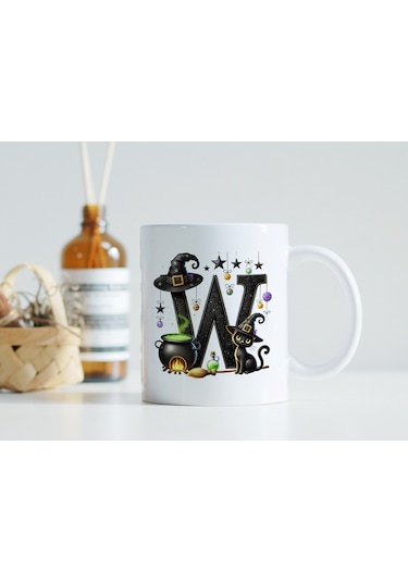 W Harfli Halloween Kedili Figür Kupa Bardak - Şapkalı Ve Kazanlı İsme Özel Kupa - Hediye Beyaz
