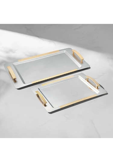 Nehir Sırma Sade Altın 2 Li Paslanmaz Çelik Tepsi Çay Kahve Tepsisi - Servis Tepsisi Gümüş