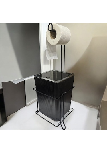 Suntel Lüks Banyo Mutfak Çöp Kovası Metal Standlı Tuvalet Kağıtlık Seti Siyah