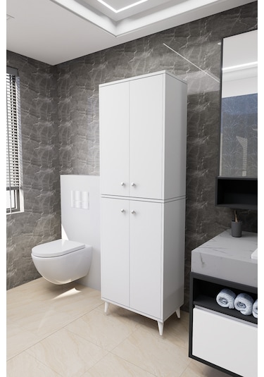 Furex 6 Raflı 2 Kapaklı Çok Amaçlı Banyo Dolabı Beyaz Beyaz