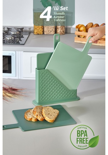 4'lü Tezgah Üstü Standlı Kulplu Kesme Tahtası - Çoklu Doğrama Tahtası Ekmek Sebze Et Kesim Panosu Yeşil