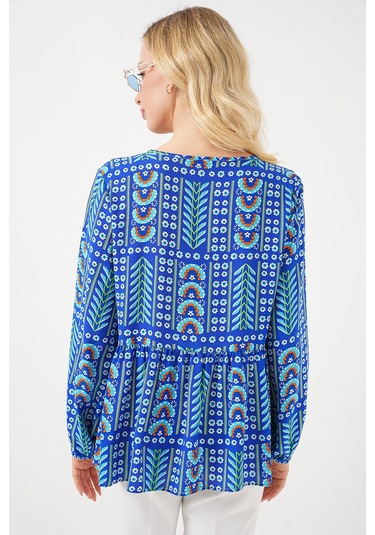 Kadın Desenli Uzun Kol Bluz 970 - Saks Saks