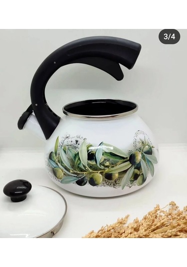 Zeytin Dekor Vintage Emaye Düdüklü Kettle Demlik 2,4 Litre Yeşil