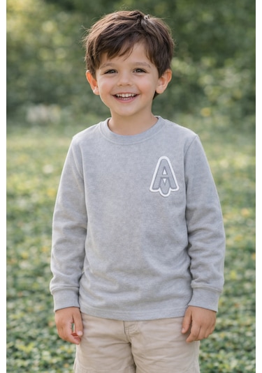 Tanem Kids Erkek Çocuk Jakarlı Gri Örme Sweatshirt Gri