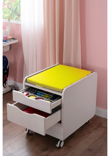 Creo Mobili Çekmeceli Tekerlekli Sirius Keson, Oturulabilir Ofis Ve Ev Komodini, Ekru/sarı