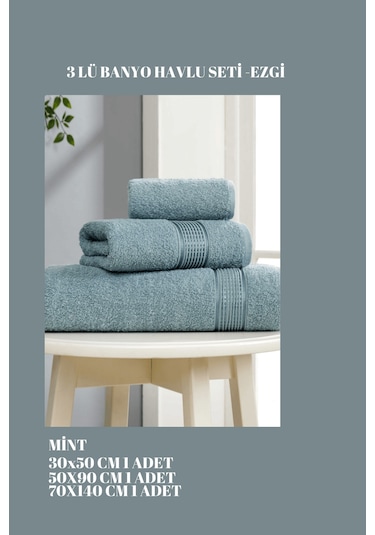 3 Parça Ekonomik Banyo Havlu Seti Pamuklu Ezgi Mint