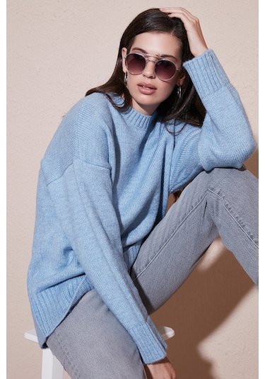 Lela Regular Fit Bisiklet Yaka Basic Triko Bayan Kazak 4616213 Bebe Mavi