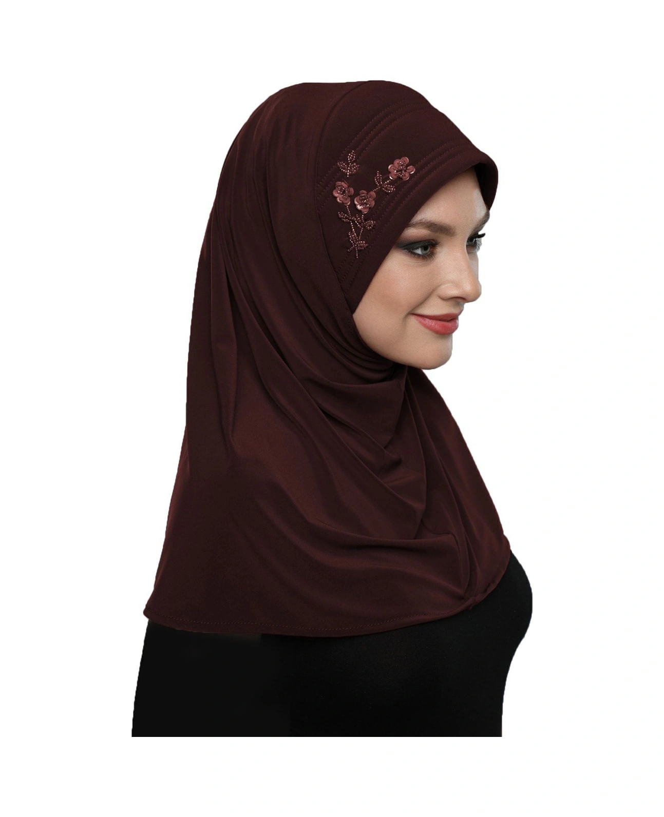 Takmatik Taşlı El Işi Boncuk Işlemeli Kahve Hazır Türban Tesettür Bone Namaz Örtüsü Kahve