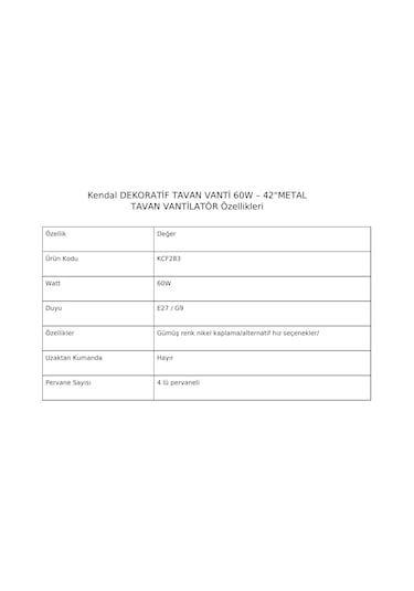 4 Kanatlı Metal Dekoratif Tavan Vantilatörü 60w Kcf283