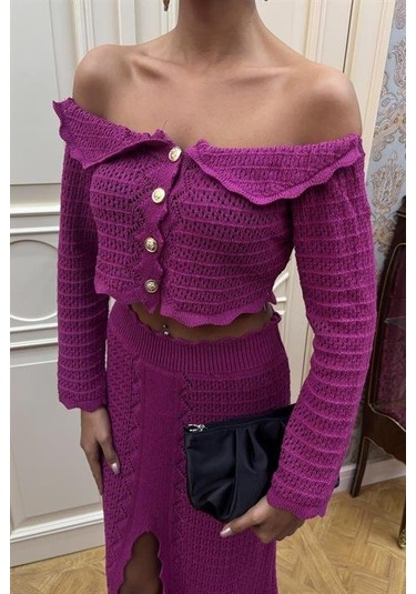 Madonna Yaka Derin Yırtmaç Etekli Şık Triko Takım 10099 Mürdüm