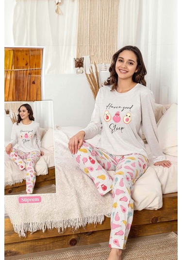 Kadın Avakado Desen Suprem Pijama Takımı 0459 Gri Gri