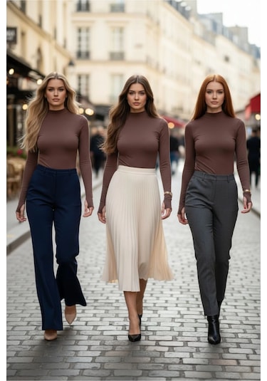3 Lü Parmak Geçmeli Kadın Body Seti Kahverengi