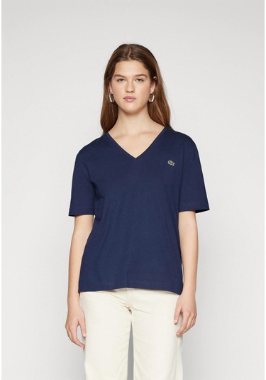 Lacoste V Yaka Organik Pamuk Bayan T-shirt Lacivert