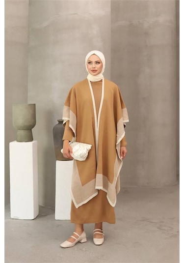 Neşeli Butik Kadın Triko Pelerin Detaylı Tesettür Elbise Nms018 Hardal