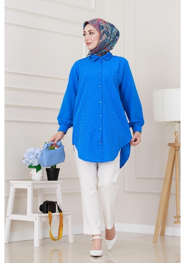 Sevitli Göğüsü Taş Detaylı Oversize Tunik-mavi-5228 Mavi