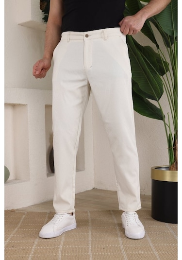 Erkek Casual Slim Fit Cord Desenli Kumaş Pantolon Açık Krem