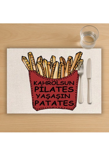 Yaşasın Patates Tasarımlı Amerikan Servis, Tabak Altlığı & Şık Masa Dekoru, Ev Hediyesi, 2 Adet Krem