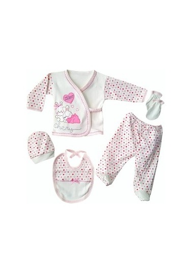 Bombinoo Tavşanlı 5 Parça Bebe Pembe Koton Zıbın Seti Pembe