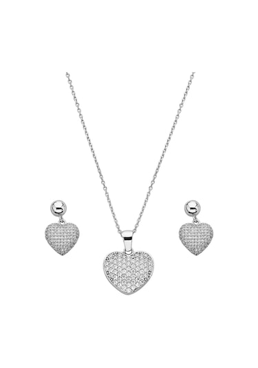 925 Ayar Gümüş Zirkon Taşlı Kalp Set- 67021202 Gümüş
