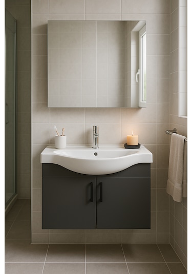 Nova 80 Cm Antrasit Mdf, Oval Seramik Lavabo, Banyo Dolabı Takımı Antrasit