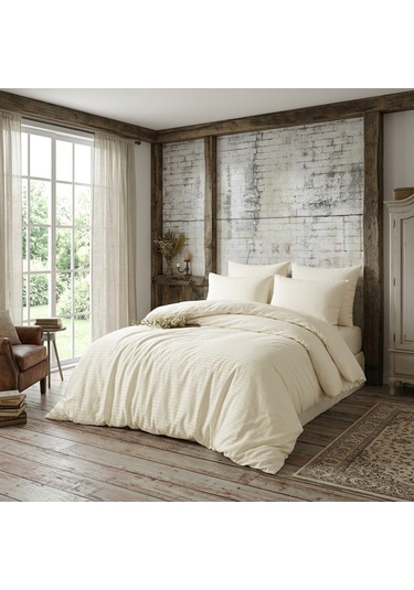 Goldroom Home Çizgili Pamuk Saten Çift Kişilik Nevresim Takımı Krem