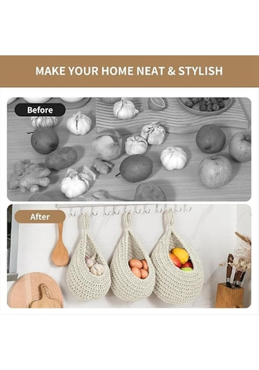 Xurunkeji Mutfak İçin Duvara Asılan Meyve Sepetleri 3'lü Paket Dokuma Ürün Tutucu Sebze Askılı Sepet A Gri