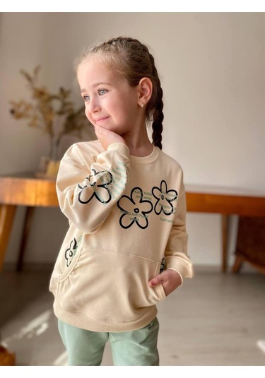 Çiçekli Kanguru Cepli Kız Çocuk 2'li Takım Yeşil