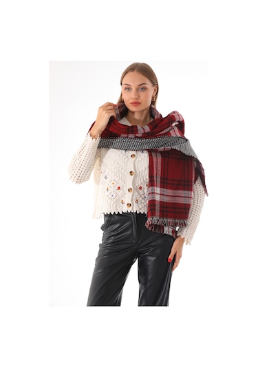 Çift Taraflı Yumuşak Dokulu Bordo Siyah Şal Atkı Bordo - Siyah