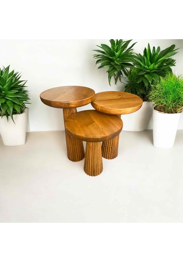 Modern Ahşap Mantar Sehpa 3 Lü Set Tik Ağacı Renk Masif Fiskos