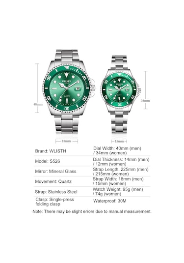 Yunboo Wlısth S526 Erkek情侣石英手表 - Yeşil Gümüş Kordon, Takvim, Gece Görünürlüğü, 30m Su Geçirmez, Tek Yönlü Döner Çember, Kadınlarla Eşleşir Çok Renkli