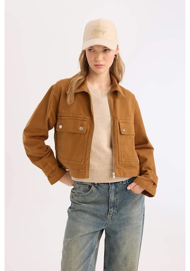 DeFacto Coool Crop Dik Yaka Fermuarlı Cepli Gabardin Ceket E4029AX25SPBG633 Bej