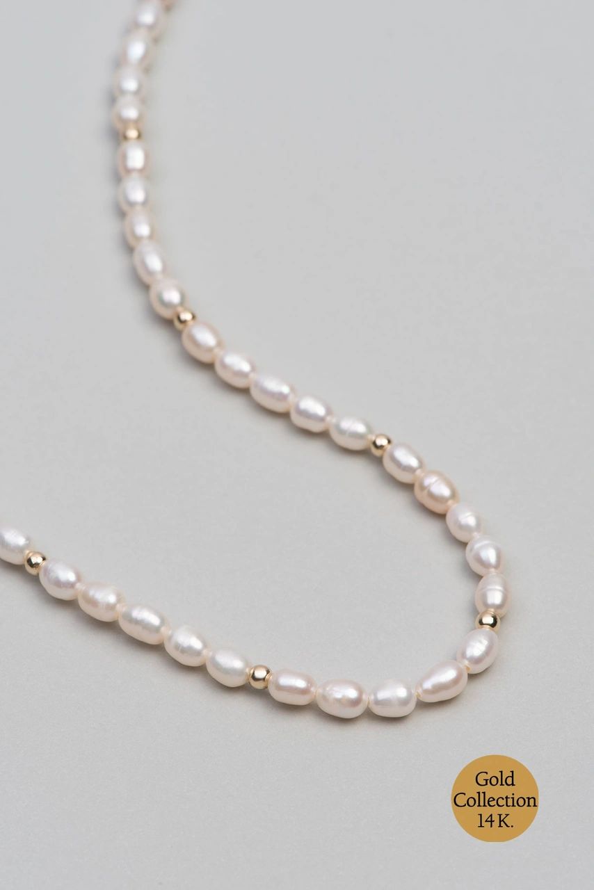 Doğal İnci Taşlı 14 Ayar Altın Kolye Sarı - Beyaz