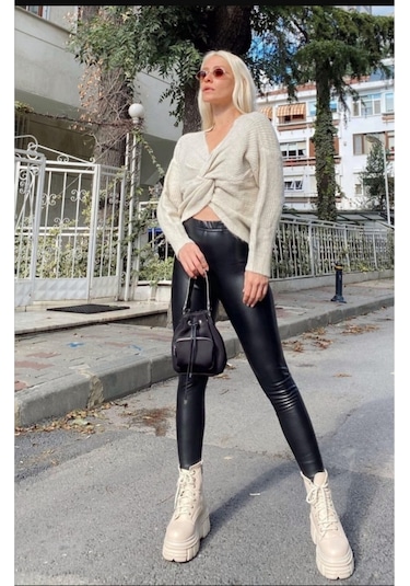 Incebelli Kadın Siyah Fitform Mat Deri Taytsiyahm Siyah