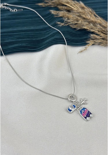 Gümüş Charmlı Seyahat Çocuk Kolye 40+5 Cm Çok renkli