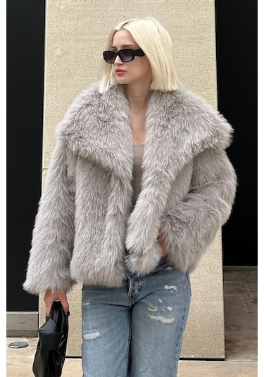 Madmext Boyalı Gri Yumuşak Dokulu Kadın Kürk Mont Mg2204 Boyalı Gri