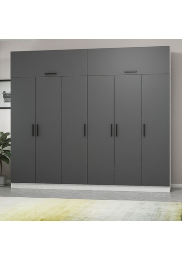 Minar Kale 6 Kapaklı 2 Çekmeceli Dolap Ve Yüklük Beyaz Antrasit 255cm