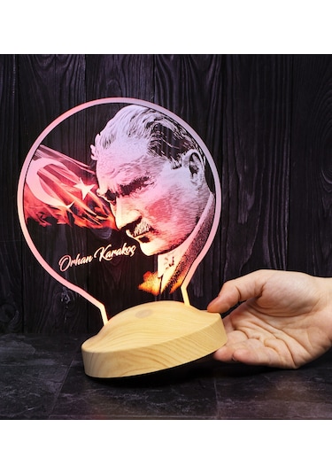 Kişiye Özel İsimli Mustafa Kemal Atatürk Görseli Led Lamba + Türk Bayrağı 