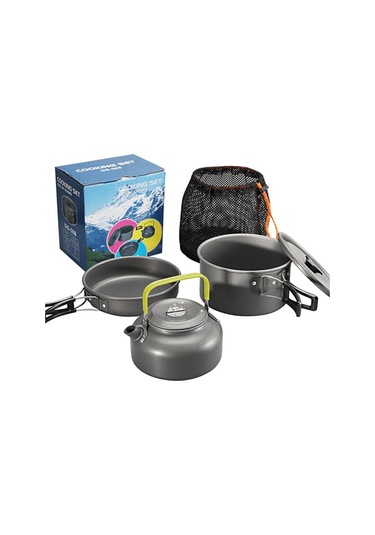 Tcherchi 3 Parça Set Kamp Tencere Seti Açık Pişirme Seti Su Isıtıcısı Tava Pot Sofra Ekipmanları Siyah - Yeşil Siyah