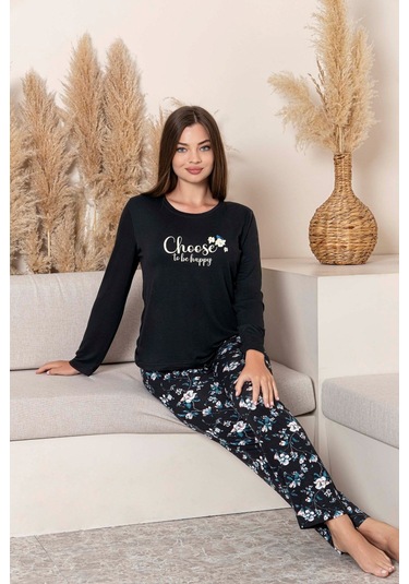 Kadın Bisiklet Yaka Düğmesiz Dökümlü Viskon Mevsimlik Uzun Kol Cepli Pijama Takımı Siyah