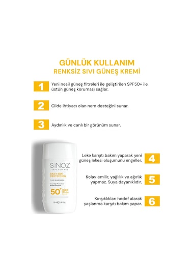 Sinoz Günlük Kullanım için Yüz Güneş Kremi SPF50+ 50 ML