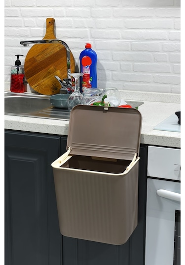 15 Lt Çift Yöne Açılabilen Kapaklı Dolap Askılı - Tezgah Üstü Mutfak Banyo Lavabo Çöp Kovası Latte
