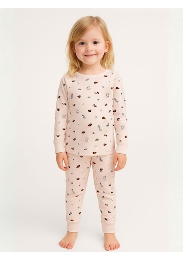 Kız Çocuk Dinozor Baskılı Pamuklu Pijama Takımı-16054 Pudra