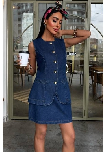 Kolsuz Yelekli Mini Etekli Denim Takım 10164 Deni M