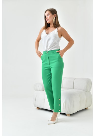 Ftz Women Kadın Dar Paça Düğmeli Pantolon Benetton 30779-Benetton Yeşil
