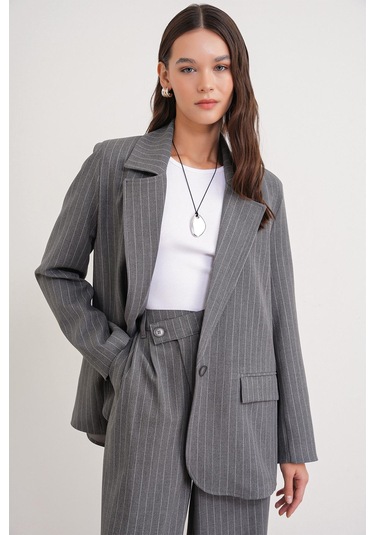 4753 Kadın Çizgili Oversize Blazer Ceket Gri Gri