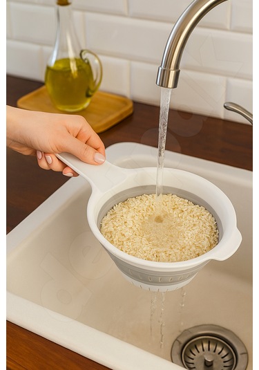 Yer Kaplamaz Katlanabilir Saplı Süzgeç - Akordiyon - Katlanır Süzgeç - Pirinç Meyve Yıkama Süzgeci Beyaz - Gri