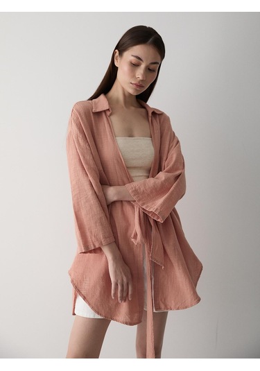 Somon Flam Keten Kimono Gömlek Somon