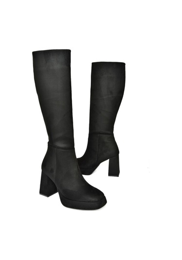 Fox Shoes R282230102 Siyah Süet Platform Kalın Topuklu Kadın Çizme Siyah